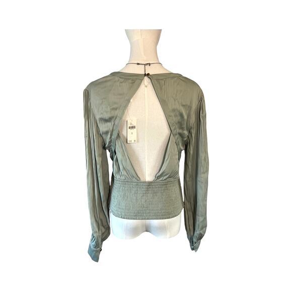 Anthropologie Backless Mint Green Ruched Blouse Women's Size M Elegant Satin Top - Picture 5 of 13